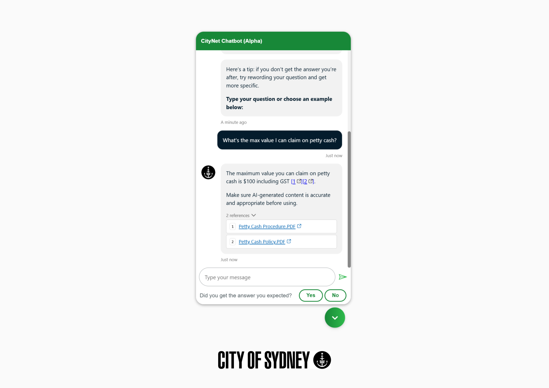 City of Sydney's GenAI Internal Knowledge Chatbot